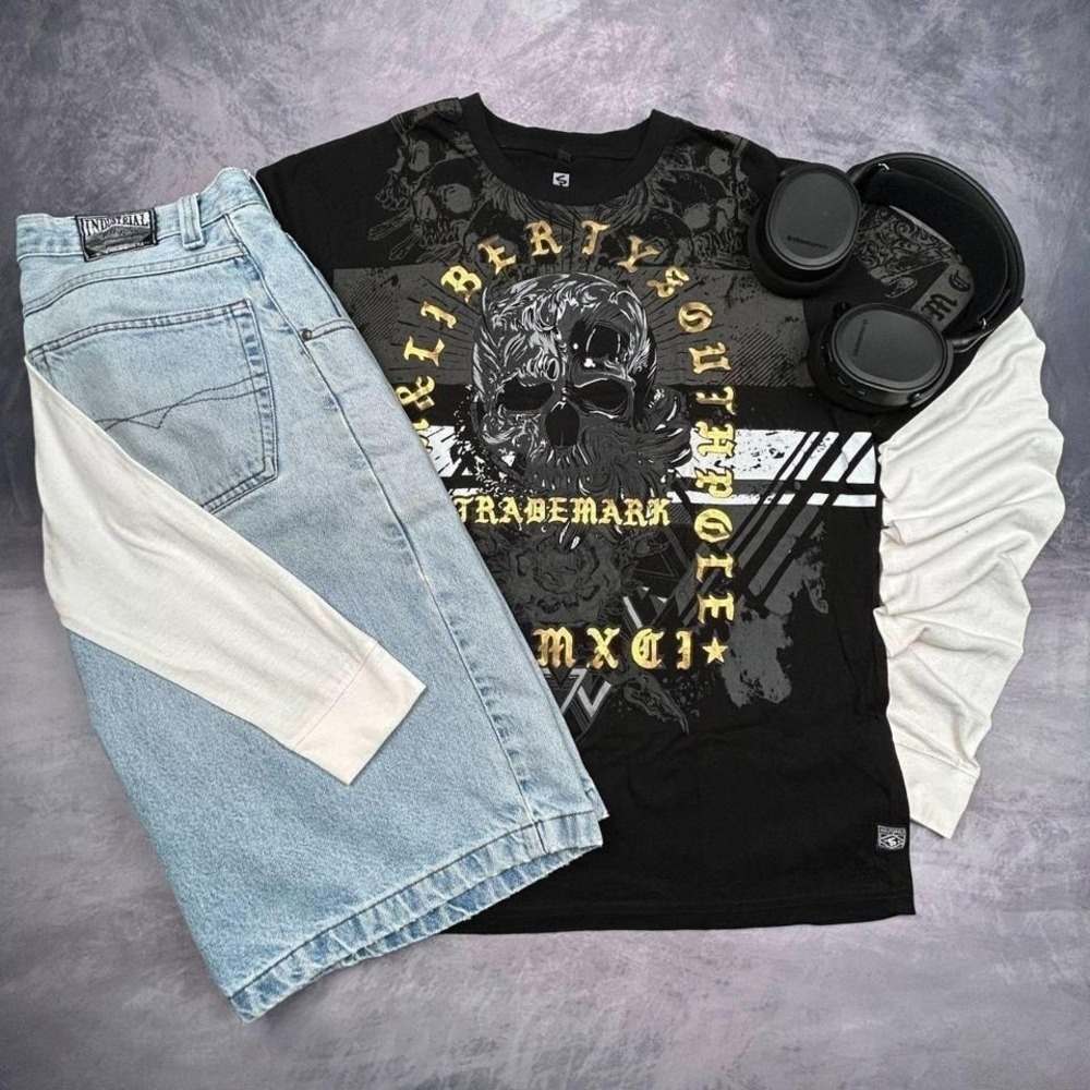 Southpole Skull Graphic T-Shirt Black Y2K Grunge Skater Streetwear Tee‎
